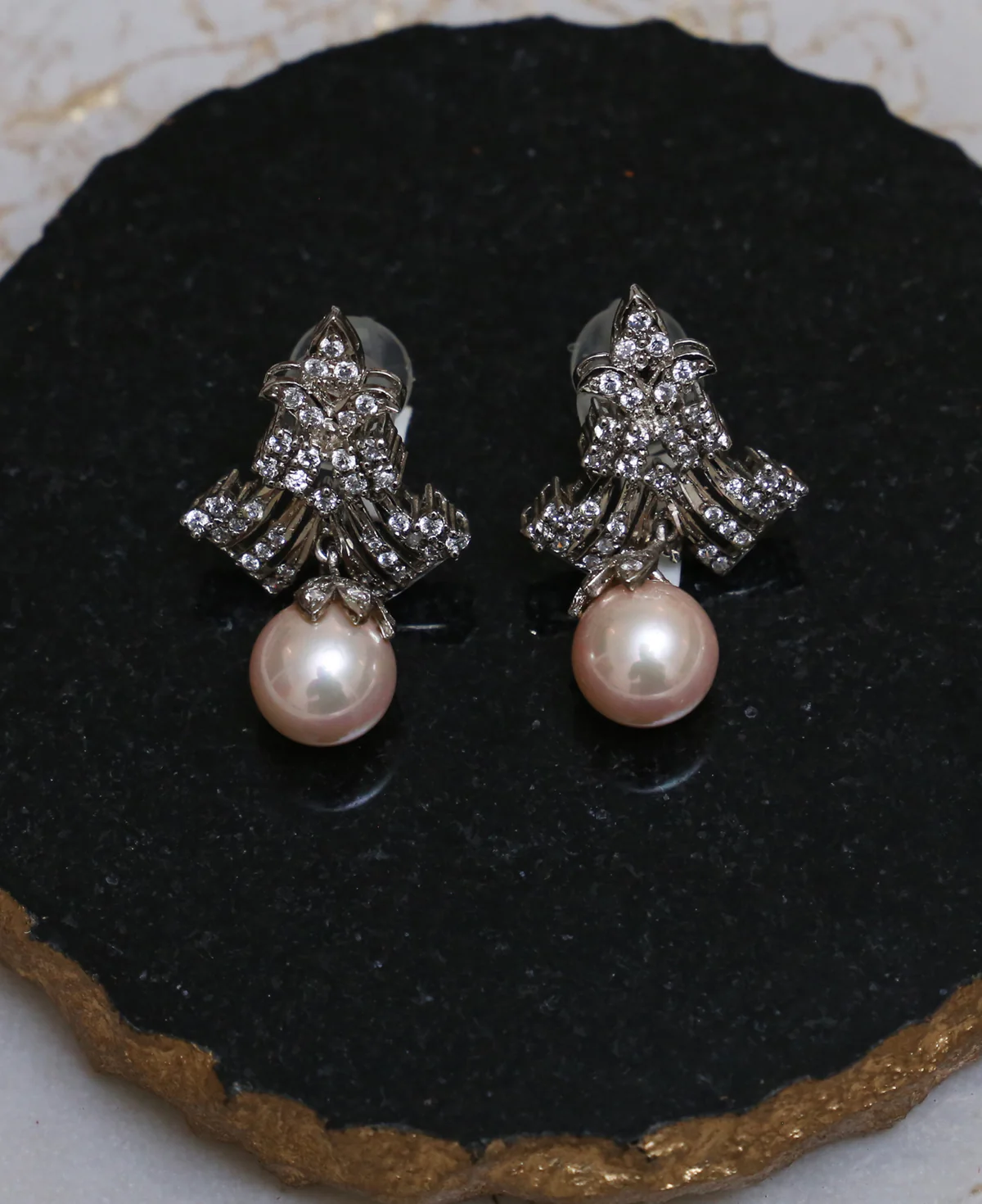 Zircon Pearl Eve Wear Tops 2 Zircon Pearl Eve Wear Tops 2 – Sterling Silver Earrings with Pink Shell Drop & Clear Zircons | Rhodium Plated | Big Jewellery - Image 1