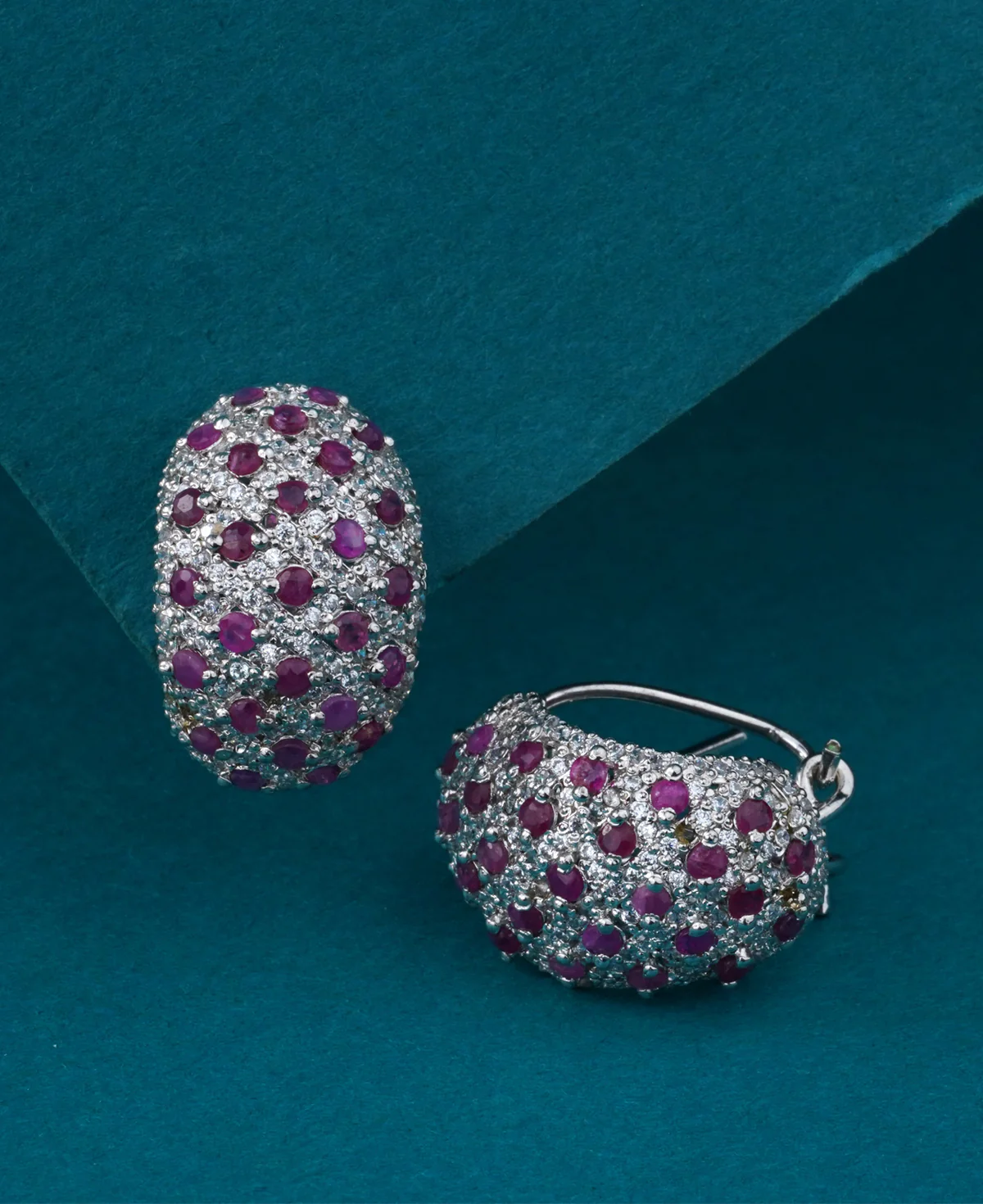 Zircon & Ruby Half Balis Zircon & Ruby Half Balis – Sterling Silver Earrings with Treated Rubies & Clear Zircons | Big Jewellery - Image 1